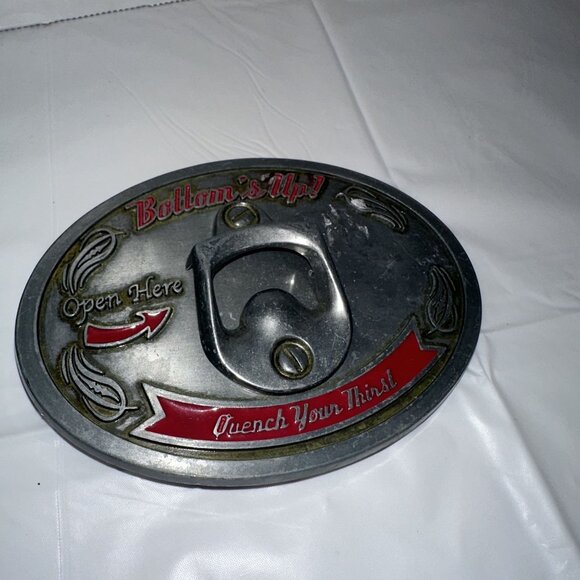 Wall-Mounted Metal Bottle Opener "Bottoms Up!" Oval Design With Red Accents - Picture 2 of 5